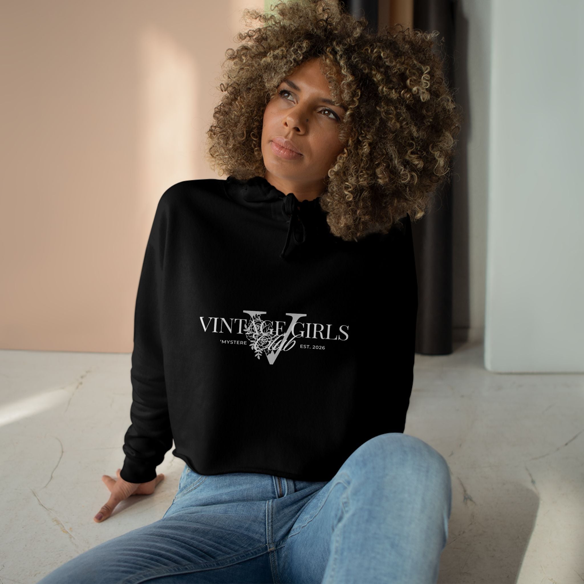 Vintage Girls V Logo Crop Top Hoodie — Retro Feminine Streetwear