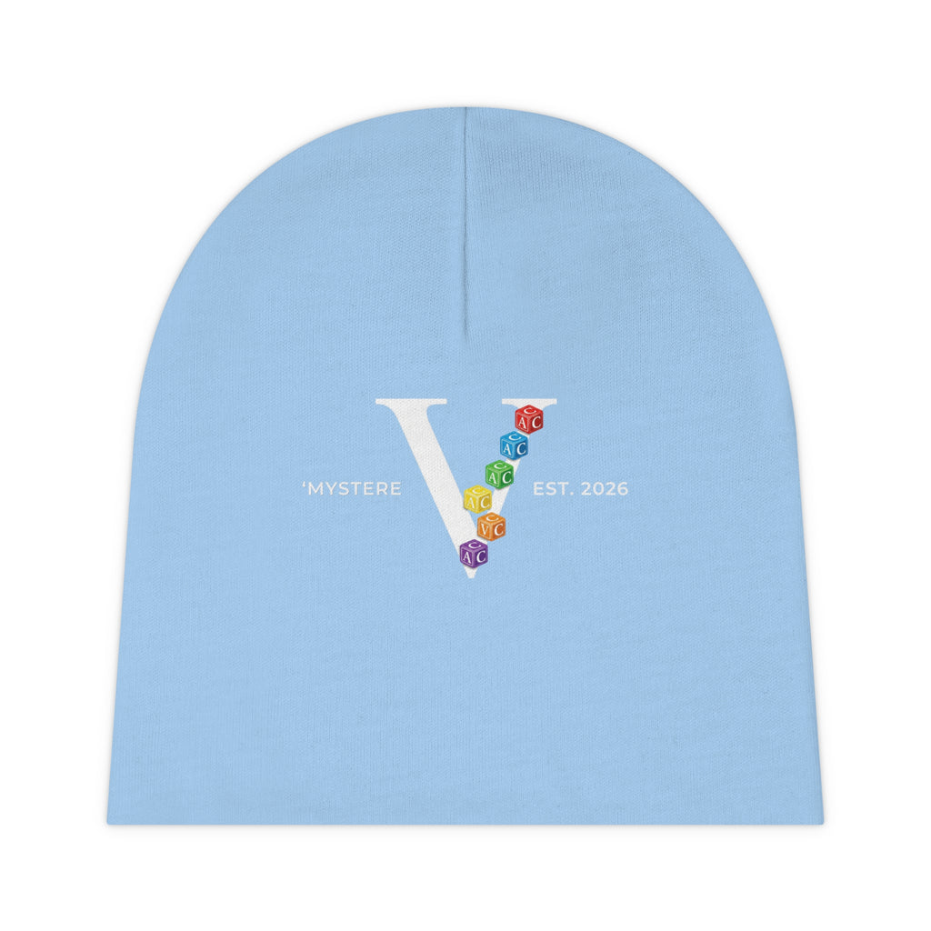 Baby Beanie — Pastel Blue ‘V’ Monogram with Rainbow Rose Accents