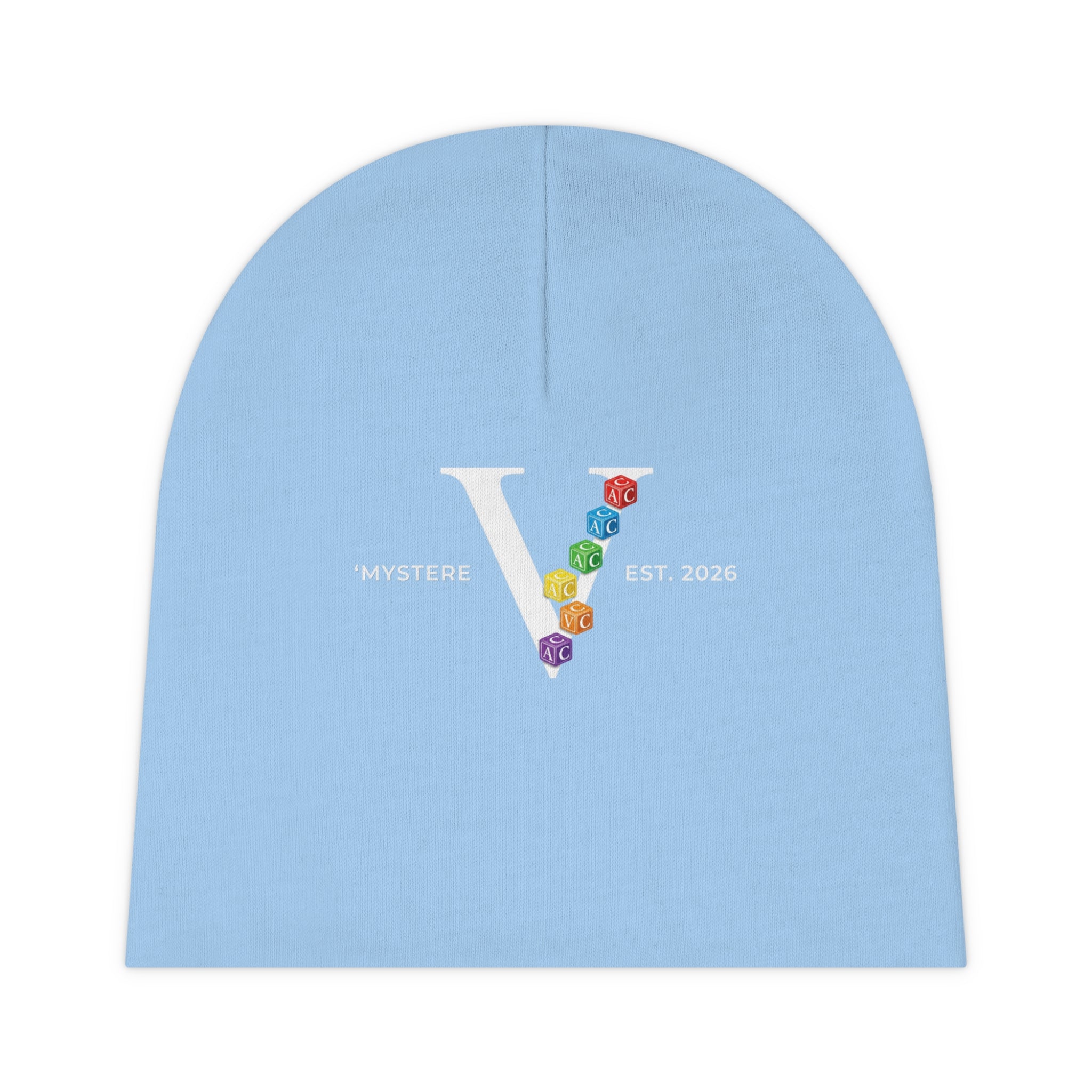 Baby Beanie — Pastel Blue ‘V’ Monogram with Rainbow Rose Accents