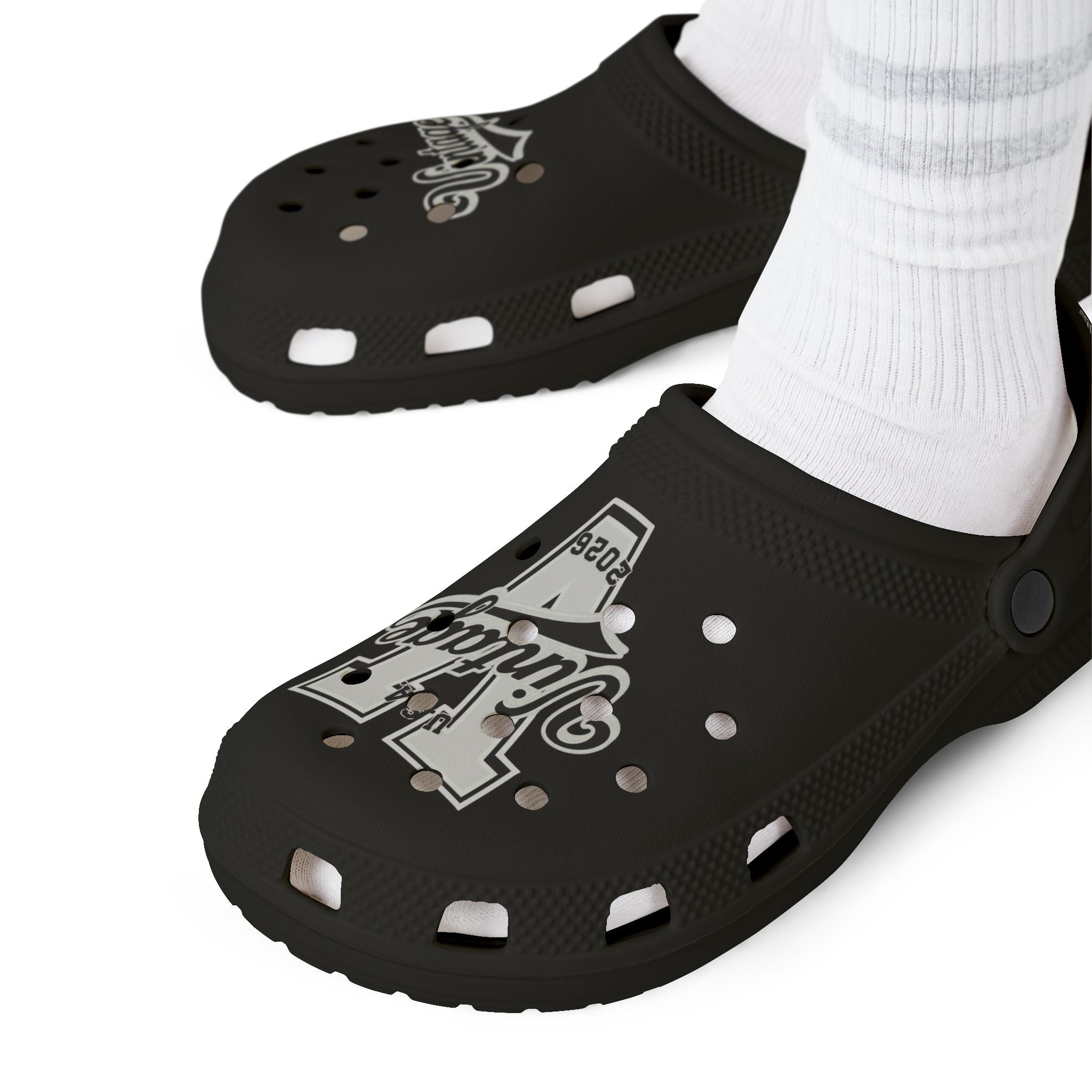 Vintage V Logo Foam Clogs — Black EVA Rubber "Cros Styled" Slides