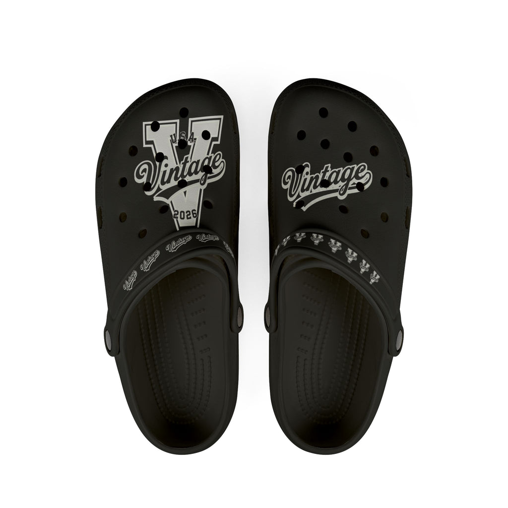 Vintage V Logo Foam Clogs — Black EVA Rubber "Cros Styled" Slides