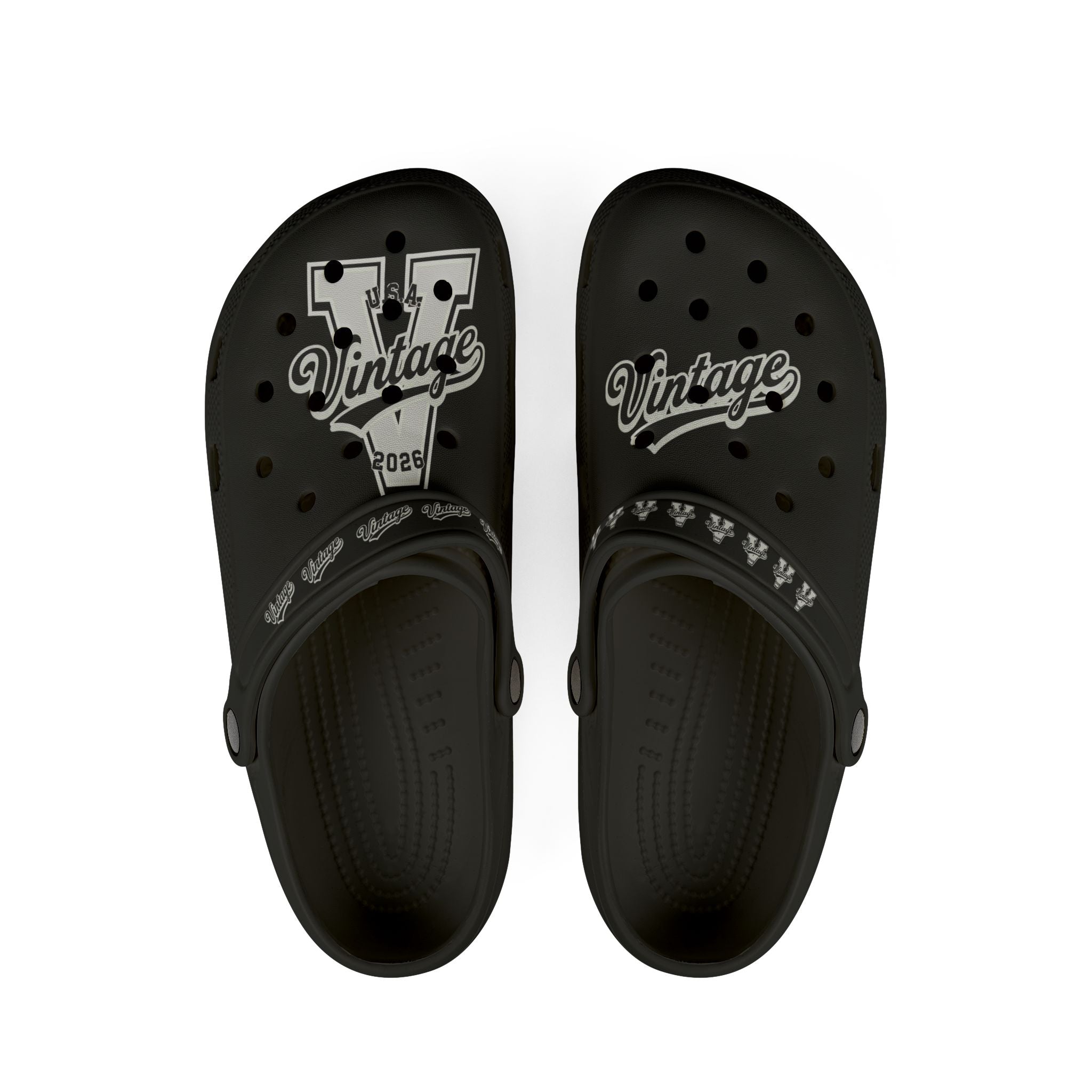 Vintage V Logo Foam Clogs — Black EVA Rubber "Cros Styled" Slides