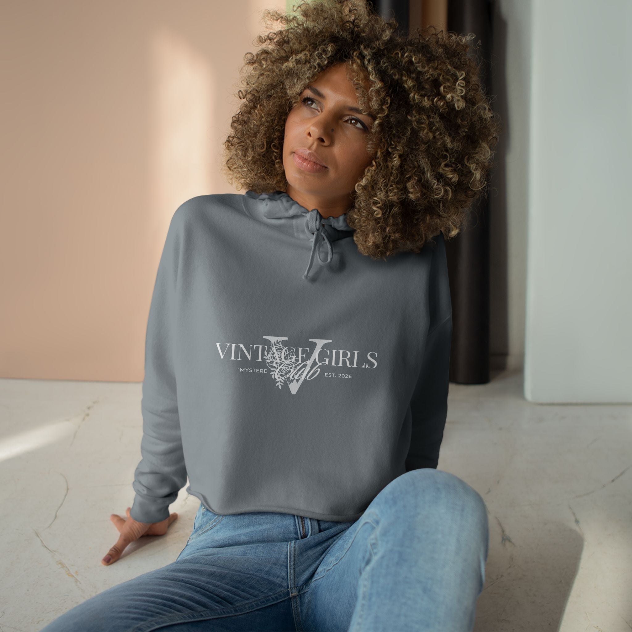 Vintage Girls V Logo Crop Top Hoodie — Retro Feminine Streetwear