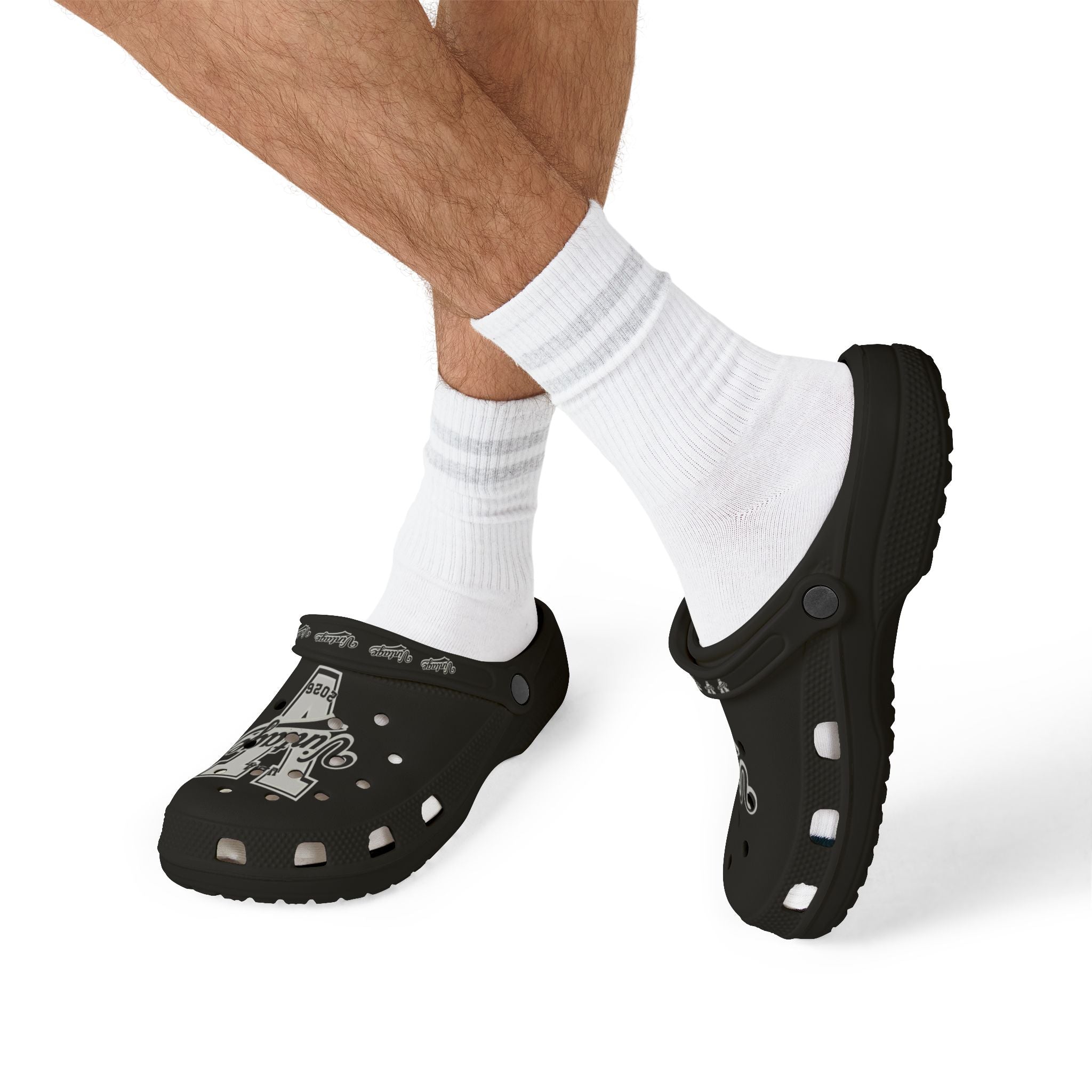 Vintage V Logo Foam Clogs — Black EVA Rubber "Cros Styled" Slides