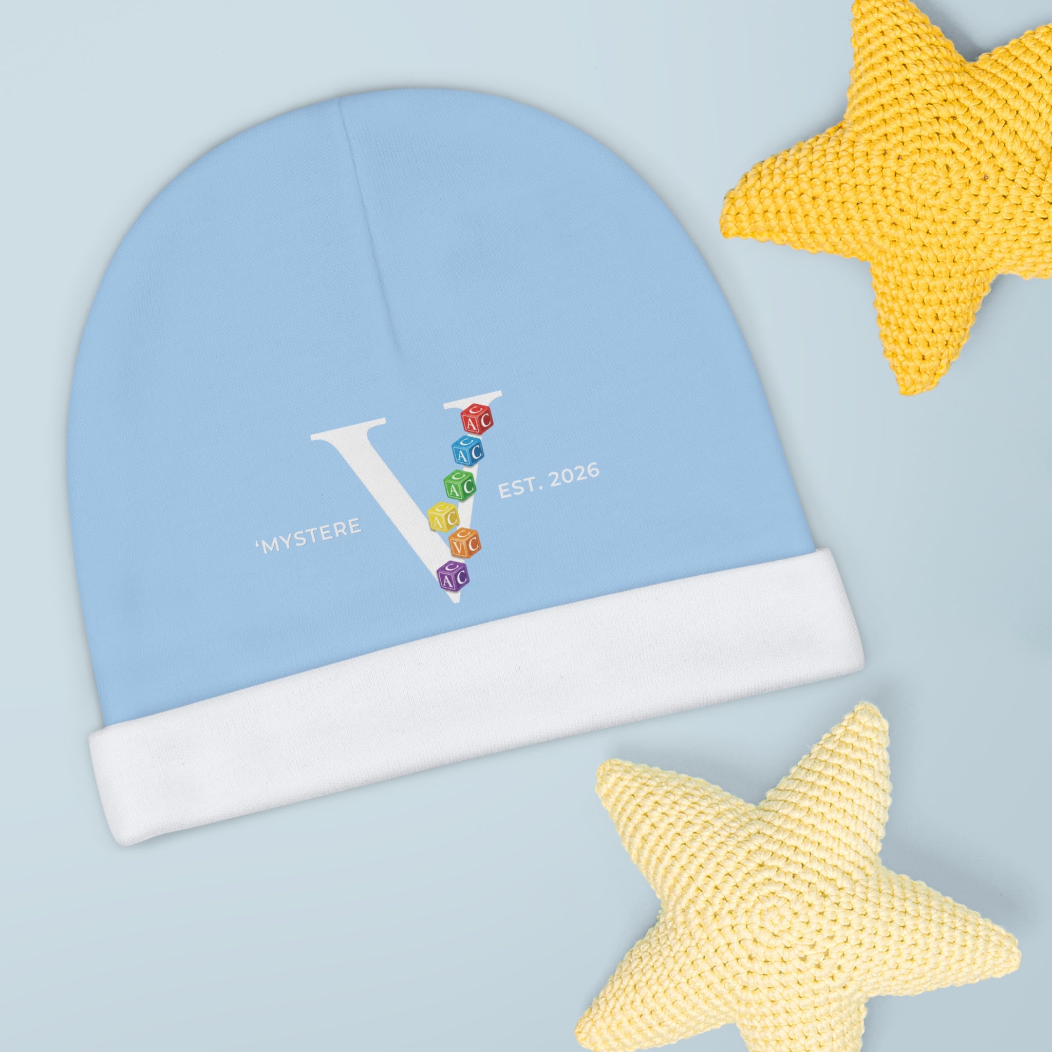 Baby Beanie — Pastel Blue ‘V’ Monogram with Rainbow Rose Accents